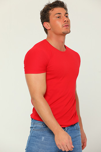 KoyuKırmızı Erkek Likralı Bisiklet Yaka Slim Fit Basic Body T-shirt