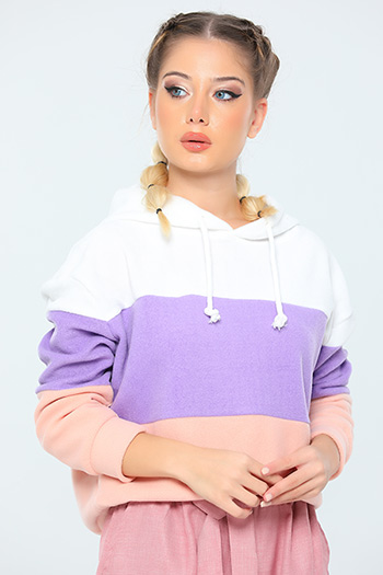 Krem lila Kapüşonlu Yaka İpli Renk Bloklu Polar Kadın Sweatshirt 460990
