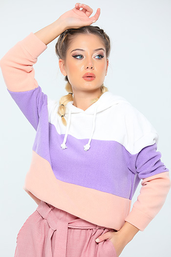 Krem lila Kapüşonlu Yaka İpli Renk Bloklu Polar Kadın Sweatshirt 460990