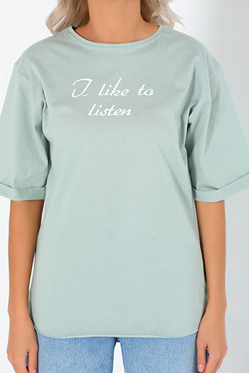 Like To Listen Baskılı Yarım Kol Katlamalı Kadın T-shirt