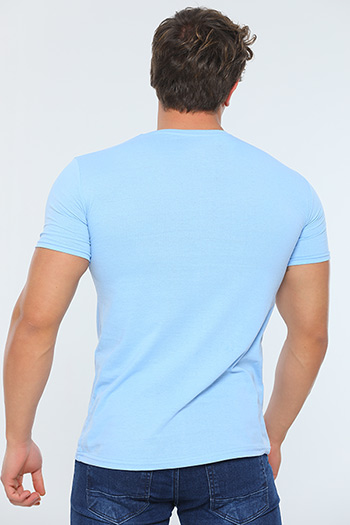 Mavi Erkek Likralı Bisiklet Yaka Renk Bloklu Slim Fit Baskılı T-shirt 480331