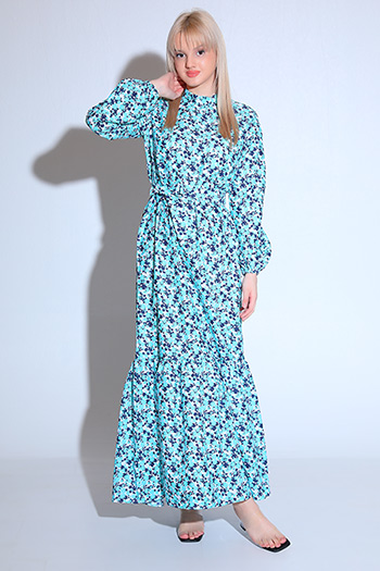 Mint Kadın Modest Eteği Katlı Kol Lastikli Desenli Yazlık Tesettür Elbise  478809 - tozlu.com