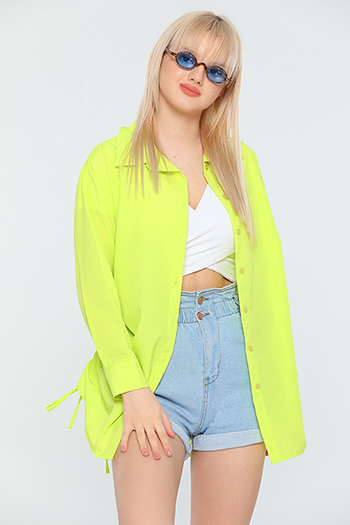 Neon Yeşil Kadın Oversize Poplin Kumaş Yanı Büzgülü Uzun Basic Gömlek 479912