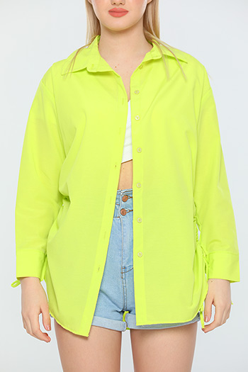 Neon Yeşil Kadın Oversize Poplin Kumaş Yanı Büzgülü Uzun Basic Gömlek 479912