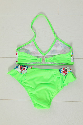 Neon Yeşil Kız Çocuk Üçgen Kesim Baskılı Bikini Takım 479003