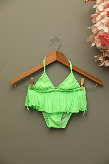 Neon Yeşil Kız Çocuk Üçgen Kesim Etek Görünümlü Bikini Takım 479005