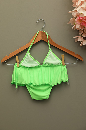 Neon Yeşil Kız Çocuk Üçgen Kesim Etek Görünümlü Bikini Takım 479005