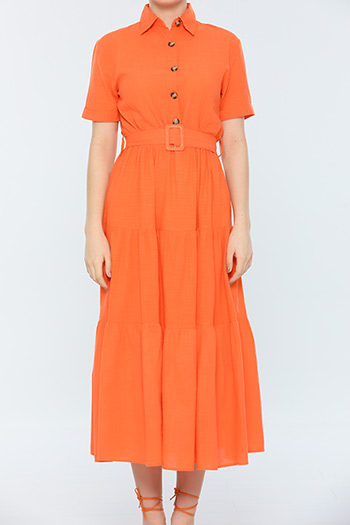 Orange Kadın Gömlek Yaka Kısa Kollu Keten Yazlık Elbise 480549