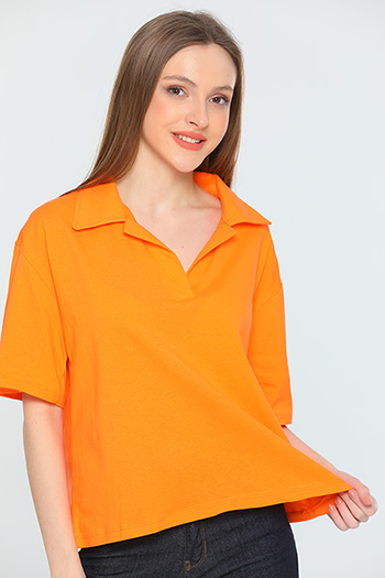 Orange Kadın Likralı Polo Yaka Salaş Bluz 479786