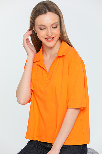 Orange Kadın Likralı Polo Yaka Salaş Bluz 479786
