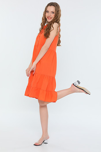 Orange Kadın Yaka Detaylı Sıfır Kollu Eteği Katlı Salaş Elbise 479921