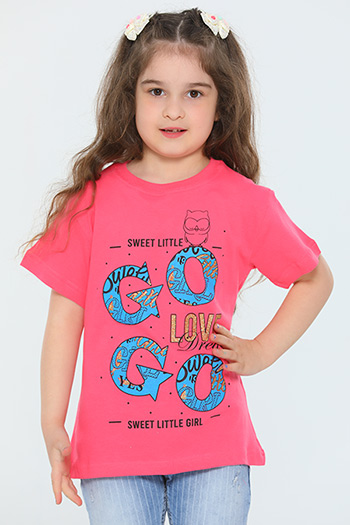 Pembe Kız Çocuk Likralı Bisiklet Yaka Baskılı T-shirt