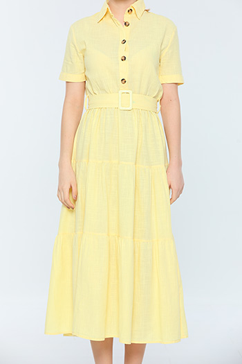 Sarı Kadın Gömlek Yaka Kısa Kollu Keten Yazlık Elbise 480550