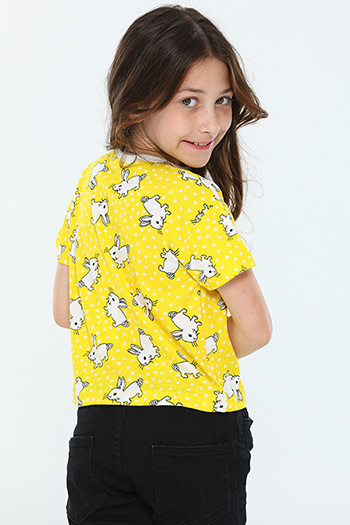 Sarı Kız Bebek Likralı Bisiklet Yaka Baskılı T-shirt