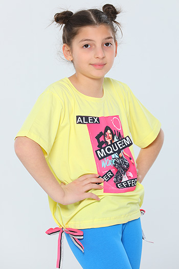Sarı Kız Çocuk Likralı Bisiklet Yaka Bel Detaylı T-shirt 474335