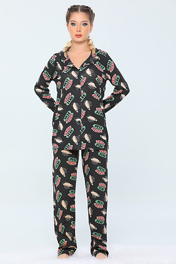 Siyah Apaş Yaka Baskılı Kadın Pijama Takımı 461005