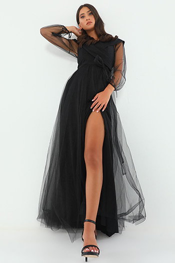 Siyah Balon Kol Yırtmaçlı Kadın Abiye Elbise 455264- tozlu.com