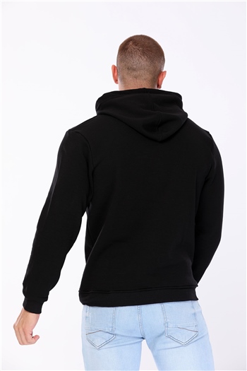 Siyah Erkek Kapüşonlu Şardonlu Kangru Cepli Sweatshirt