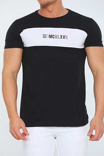 Siyah Erkek Likralı Bisiklet Yaka Renk Bloklu Slim Fit Baskılı T-shirt 480324