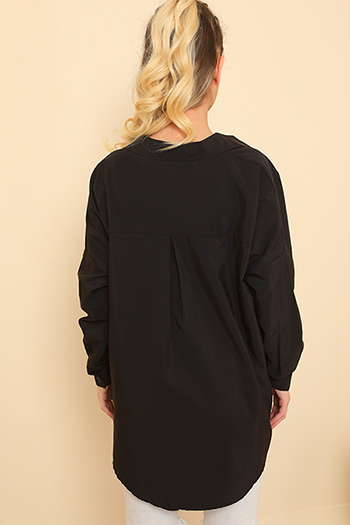 Siyah Kadın Oversize Terikoton Uzun Basic Gömlek