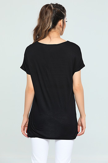 Siyah Kısa Kollu Baskılı Salaş Kadın T-shirt 450118