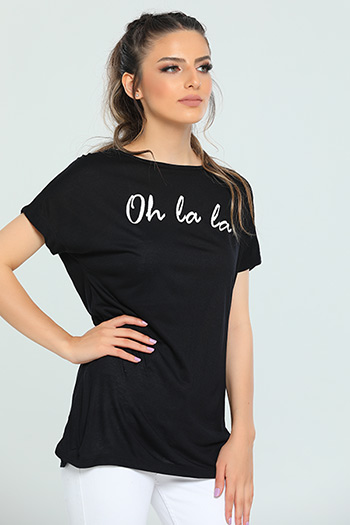 Siyah Kısa Kollu Baskılı Salaş Kadın T-shirt 450118
