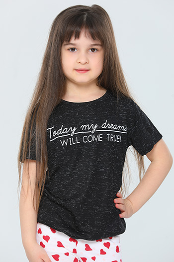 Siyah Kız Çocuk Likralı Bisiklet Yaka Baskılı T-shirt