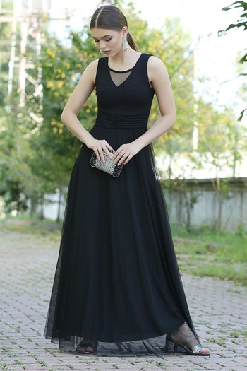 Siyah Yaka Tül Detaylı Abiye Elbise 254828- tozlu.com