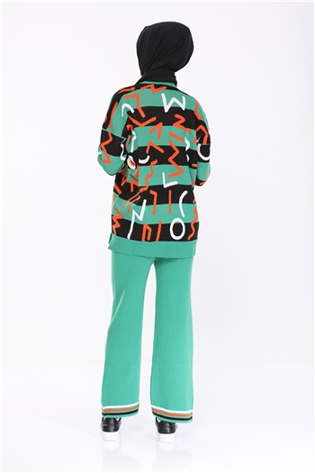 Yeşil Kadın Desenli Triko Kazak Pantolon İkili Takım