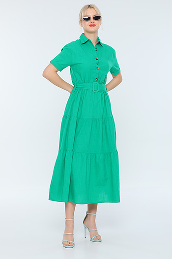 Yeşil Kadın Gömlek Yaka Kısa Kollu Keten Yazlık Elbise 480546