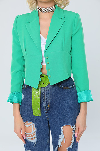 Yeşil Kadın Kruvaze Yaka İç Astarlı Crop Blazer Ceket 476576