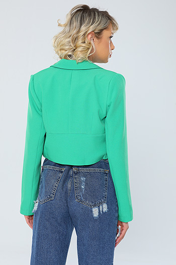 Yeşil Kadın Kruvaze Yaka İç Astarlı Crop Blazer Ceket 476576