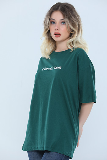 Yeşil Kadın Likralı Bisiklet Yaka Baskılı Salaş T-shirt 483525