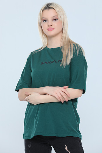 Yeşil Kadın Likralı Bisiklet Yaka Baskılı Salaş T-shirt 483535