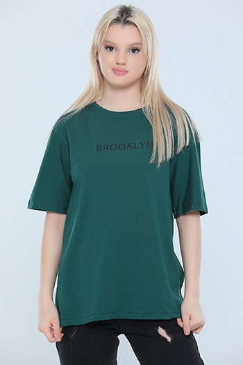 Yeşil Kadın Likralı Bisiklet Yaka Baskılı Salaş T-shirt 483535