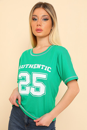 Yeşil Kadın Likralı Bisiklet Yaka Baskılı T-shirt