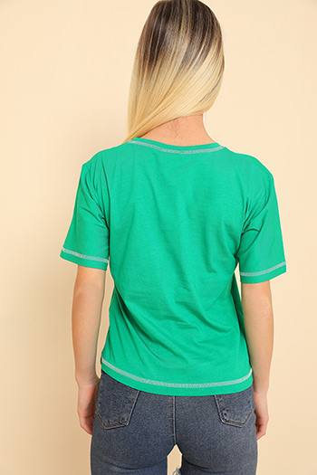 Yeşil Kadın Likralı Bisiklet Yaka Baskılı T-shirt