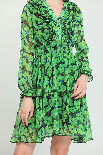 Yeşil Kadın V Yaka Fırfırlı Astarlı Bel Gipeli Eteği Katlı Elbise 480402