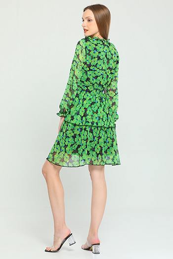 Yeşil Kadın V Yaka Fırfırlı Astarlı Bel Gipeli Eteği Katlı Elbise 480402