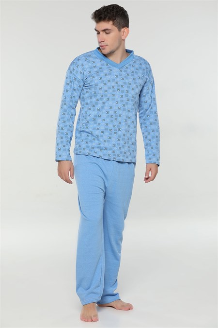 Mavi V Yaka Desenli Bay Pijama Takımı 265173