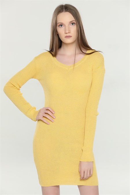 Sarı V Yaka Triko Elbise 252789