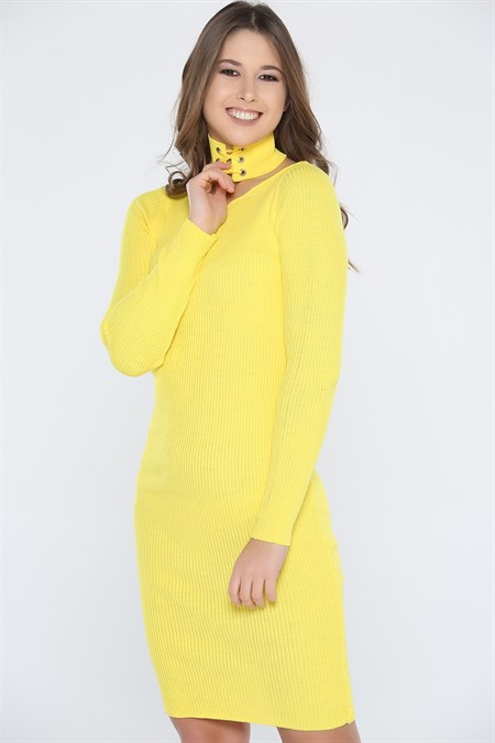 Sarı Yaka Detaylı Triko Elbise 163100