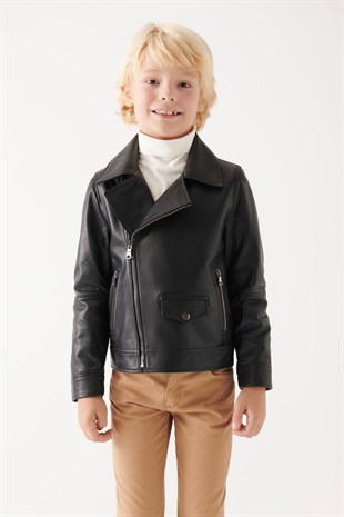 HUGO Boys Black Leather Jacket | Boys Leather and Shearling Jacket & Coat