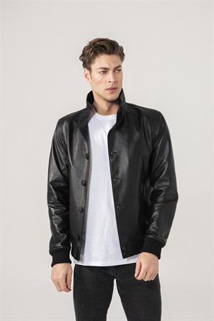 MANUEL Men College Black Jumbo Leather Jacket Black Noble | Luxury Shearling