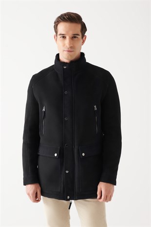 CAREL Men Black Shearling Coat | Men Leather and Shearling Coat&Jacket