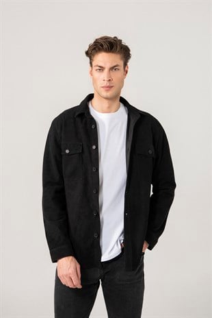 Dustin Men Black Suede Shirt Jacket Black Noble | Luxury Shearling