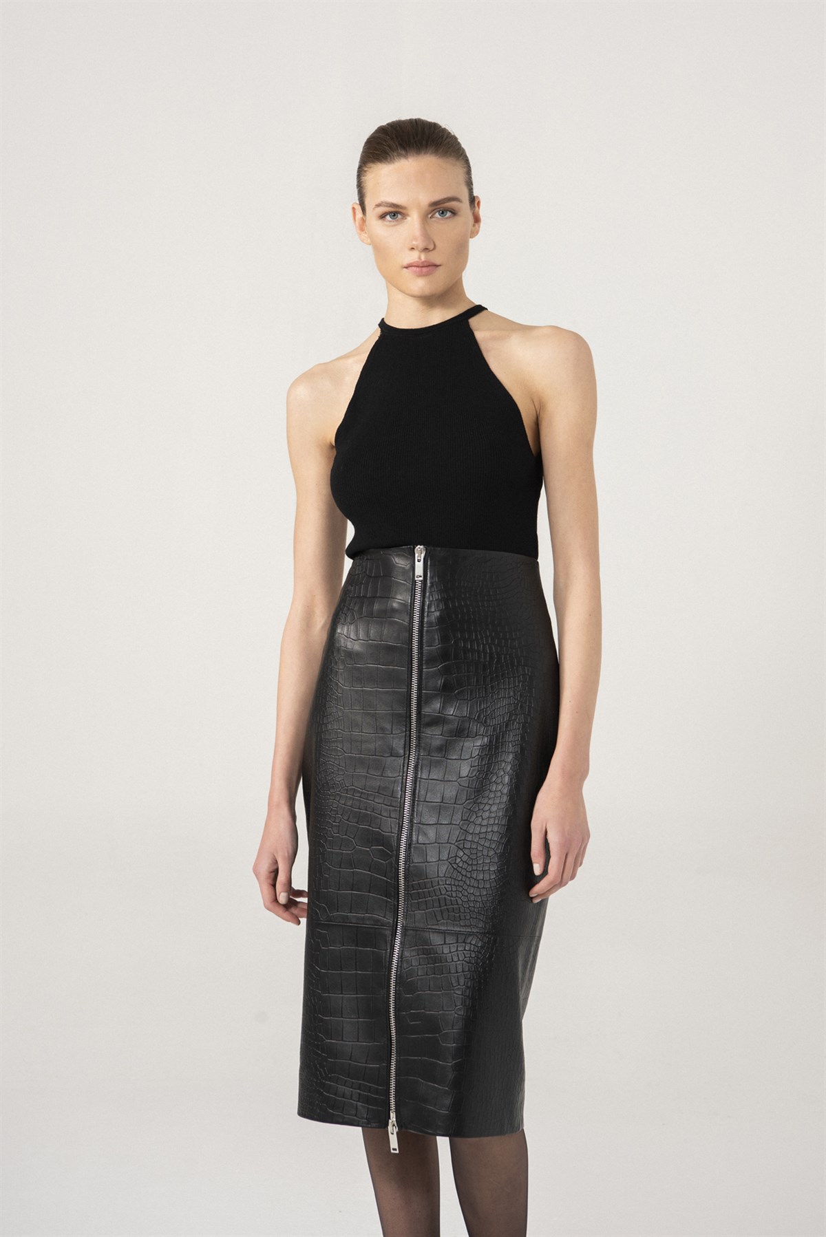 Jenna Women Croco Patterned Black Leather Skirt Black Noble | Luxury  Shearling