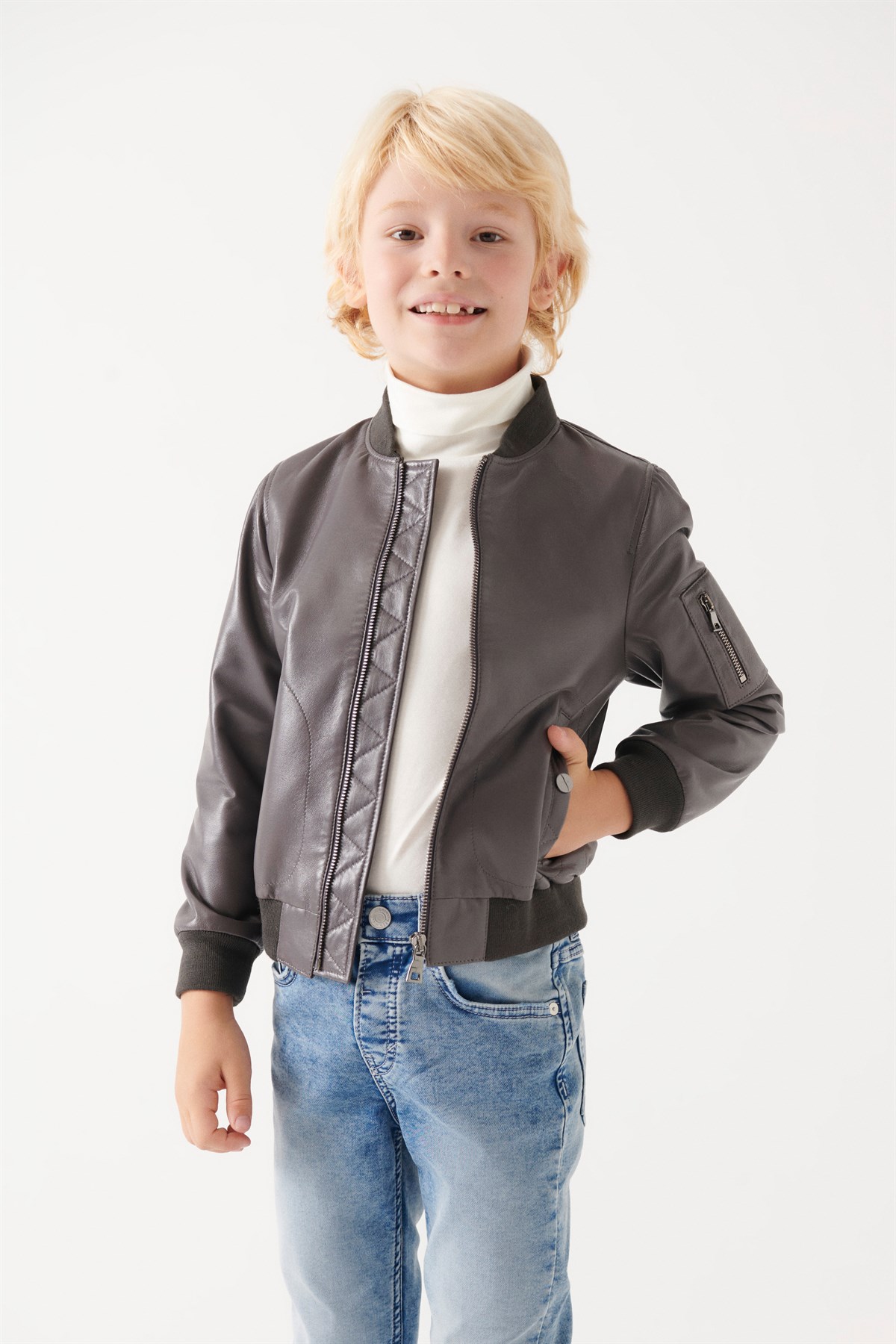 AVATAR Boys Grey Leather Jacket | Boys Leather and Shearling Jacket & Coat