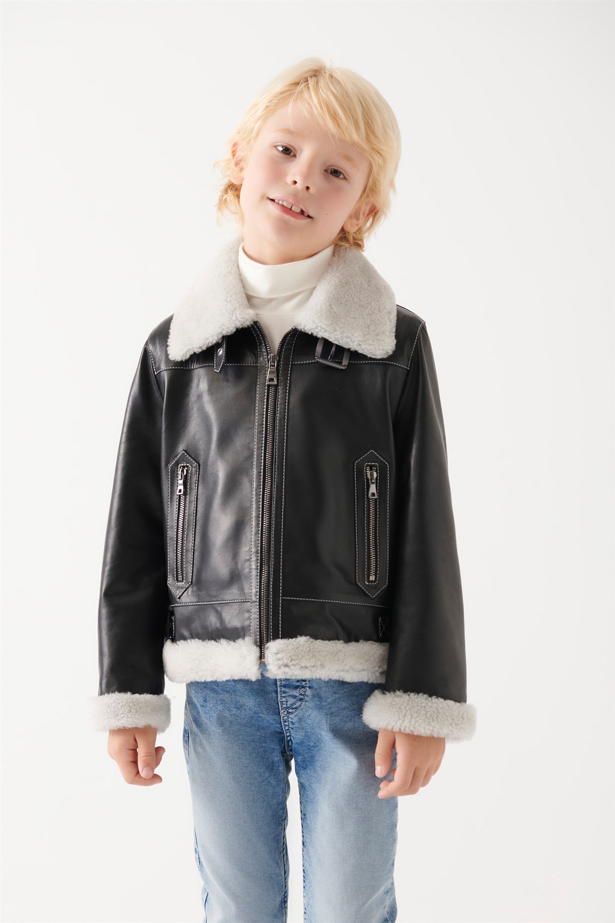 CHARLY Boys Black Leather Jacket | Boys Leather and Shearling Jacket & Coat