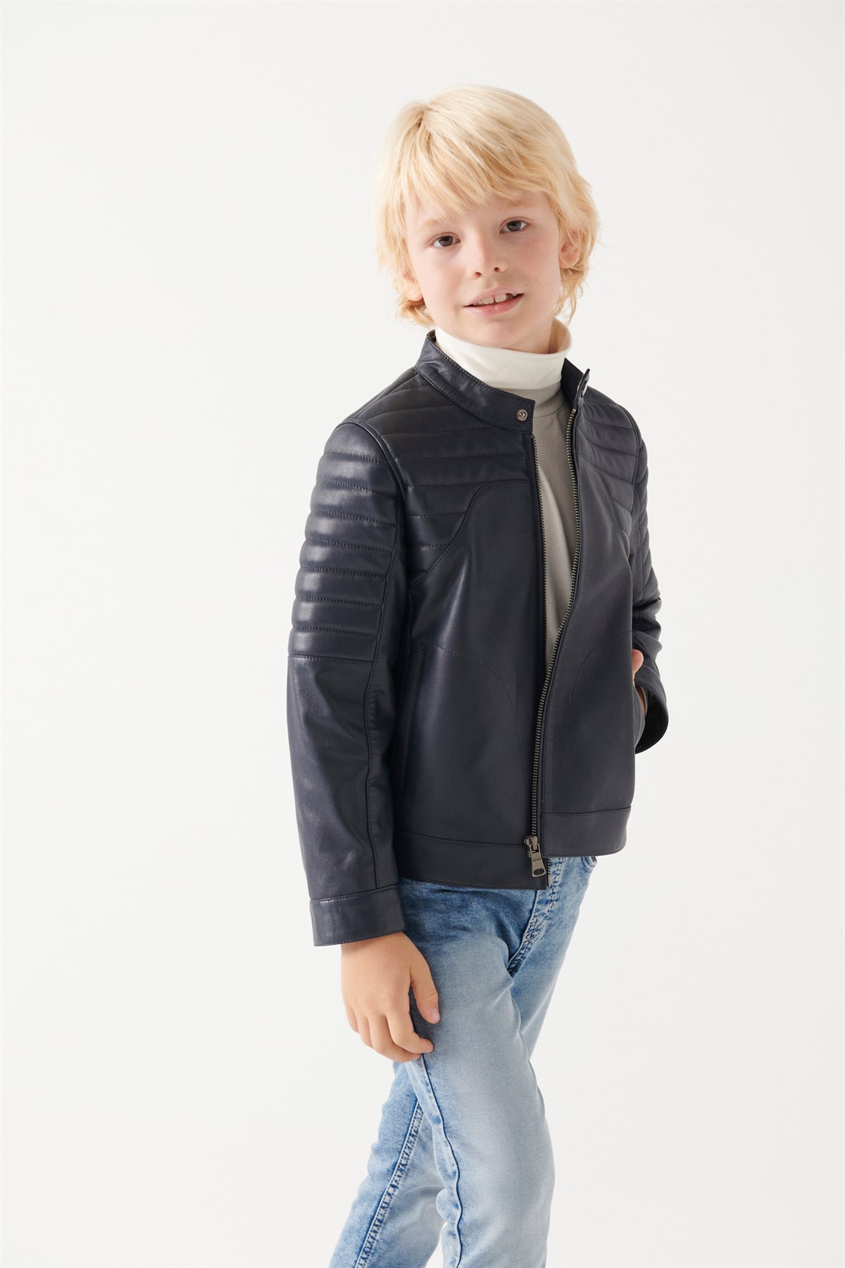 FRED Boys Navy Blue Leather Jacket | Boys Leather and Shearling Jacket &  Coat